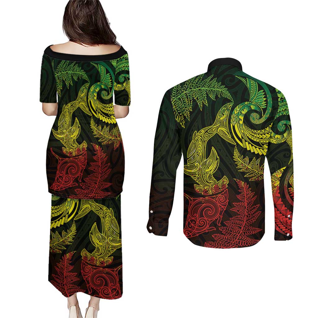 New Zealand Sea Animals with Maori Tribal Tattoo Couples Matching Puletasi and Long Sleeve Button Shirt Shark Manta Ray with Silver Fern Reggae LT03 - Polynesian Pride