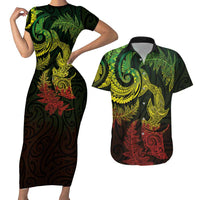 New Zealand Sea Animals with Maori Tribal Tattoo Couples Matching Short Sleeve Bodycon Dress and Hawaiian Shirt Shark Manta Ray with Silver Fern Reggae LT03 Reggae - Polynesian Pride