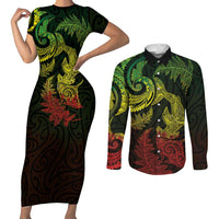 New Zealand Sea Animals with Maori Tribal Tattoo Couples Matching Short Sleeve Bodycon Dress and Long Sleeve Button Shirt Shark Manta Ray with Silver Fern Reggae LT03 Reggae - Polynesian Pride