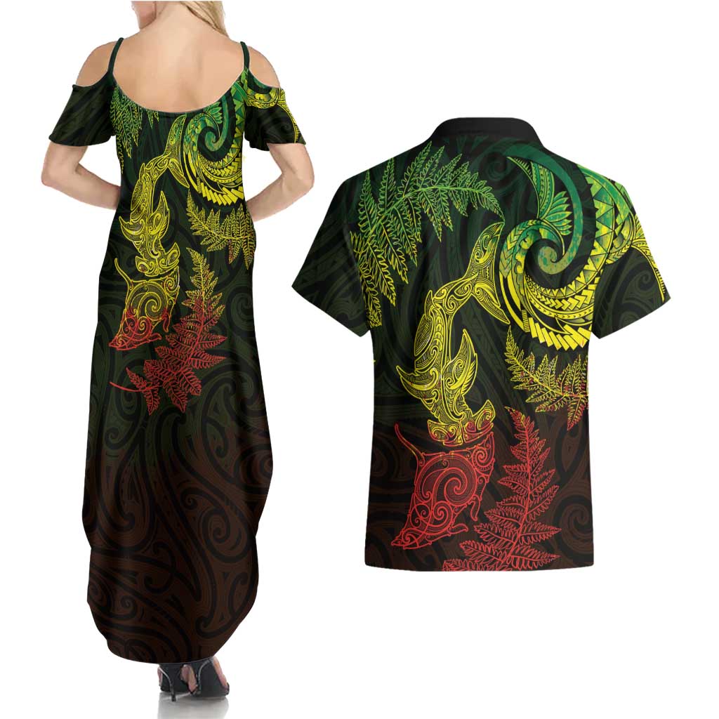 New Zealand Sea Animals with Maori Tribal Tattoo Couples Matching Summer Maxi Dress and Hawaiian Shirt Shark Manta Ray with Silver Fern Reggae LT03 - Polynesian Pride