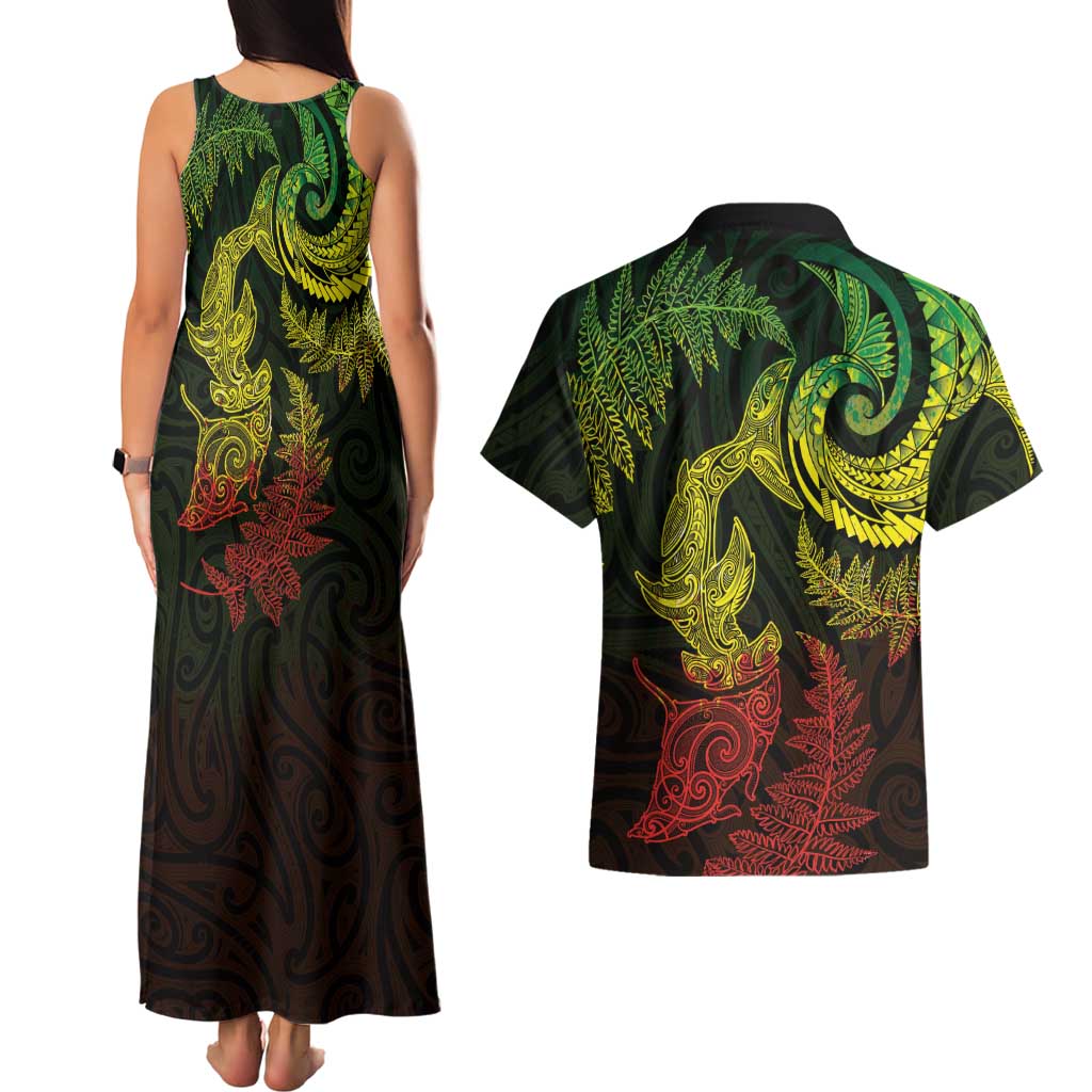 New Zealand Sea Animals with Maori Tribal Tattoo Couples Matching Tank Maxi Dress and Hawaiian Shirt Shark Manta Ray with Silver Fern Reggae LT03 - Polynesian Pride