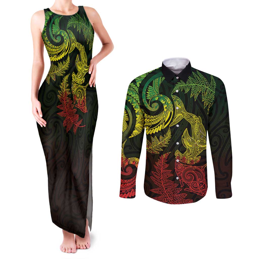 New Zealand Sea Animals with Maori Tribal Tattoo Couples Matching Tank Maxi Dress and Long Sleeve Button Shirt Shark Manta Ray with Silver Fern Reggae LT03 Reggae - Polynesian Pride