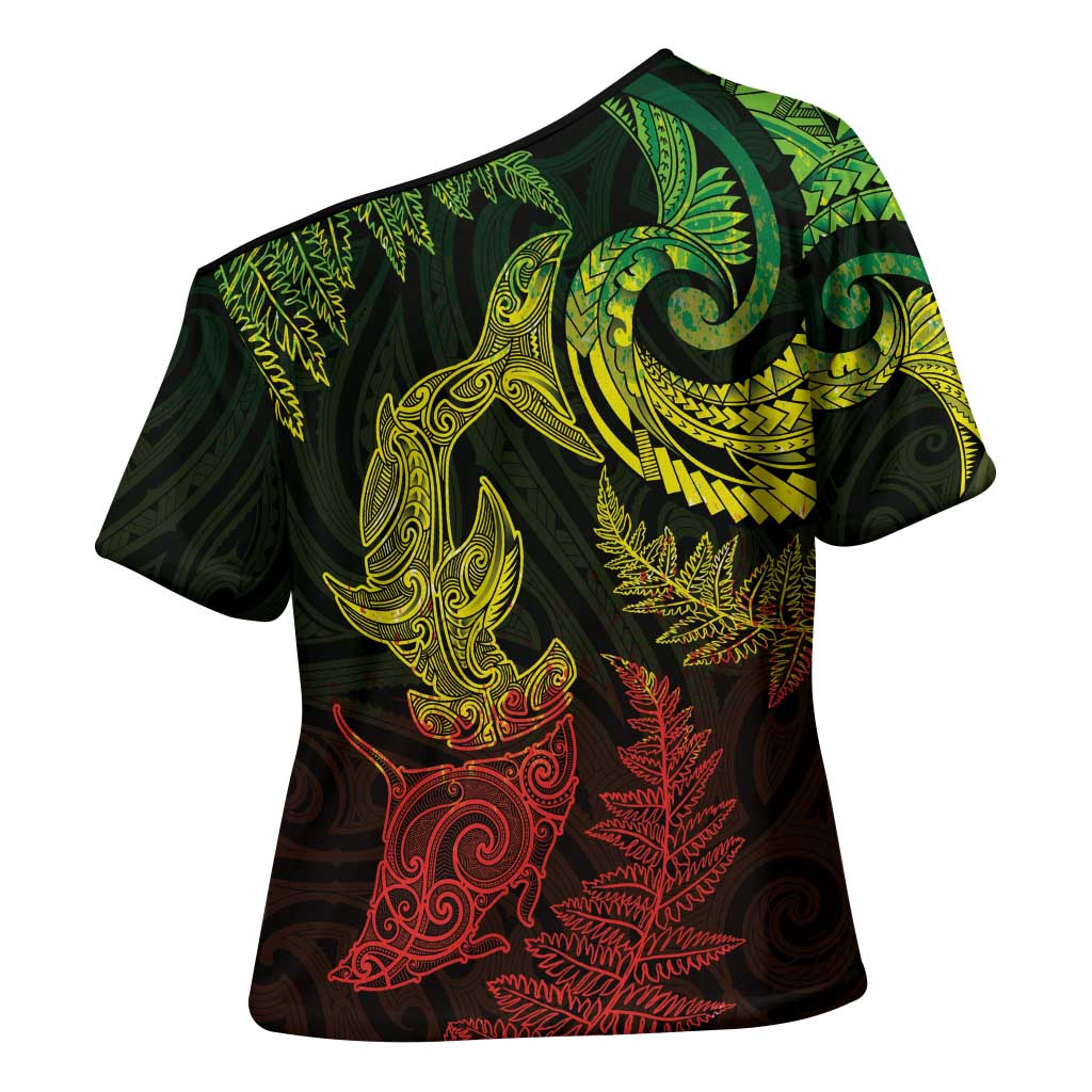 New Zealand Sea Animals with Maori Tribal Tattoo Cross Shoulder Shirt Shark Manta Ray with Silver Fern Reggae LT03 - Polynesian Pride