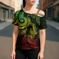 New Zealand Sea Animals with Maori Tribal Tattoo Cross Shoulder Shirt Shark Manta Ray with Silver Fern Reggae LT03 - Polynesian Pride