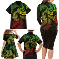 New Zealand Sea Animals with Maori Tribal Tattoo Family Matching Long Sleeve Bodycon Dress and Hawaiian Shirt Shark Manta Ray with Silver Fern Reggae LT03 - Polynesian Pride