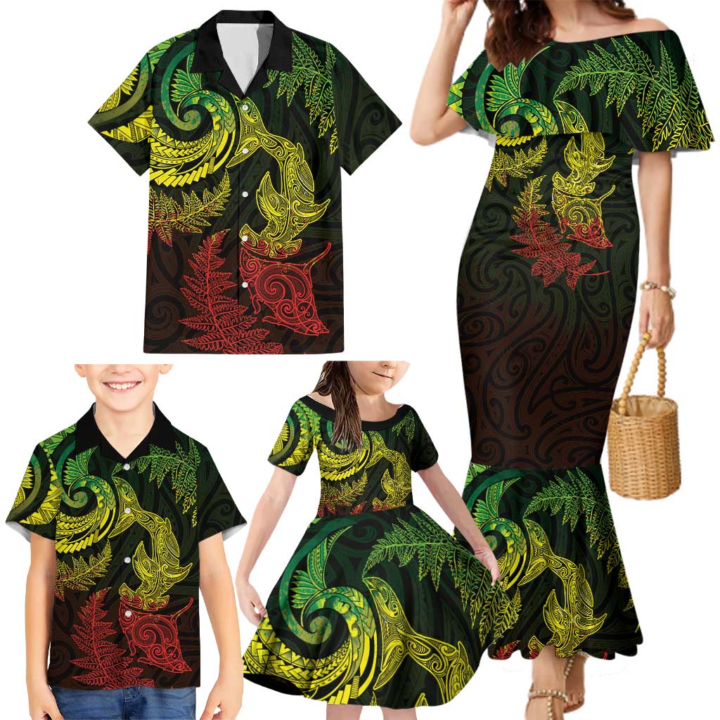 New Zealand Sea Animals with Maori Tribal Tattoo Family Matching Mermaid Dress and Hawaiian Shirt Shark Manta Ray with Silver Fern Reggae LT03 - Polynesian Pride
