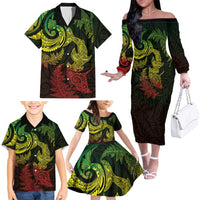New Zealand Sea Animals with Maori Tribal Tattoo Family Matching Off The Shoulder Long Sleeve Dress and Hawaiian Shirt Shark Manta Ray with Silver Fern Reggae LT03 - Polynesian Pride