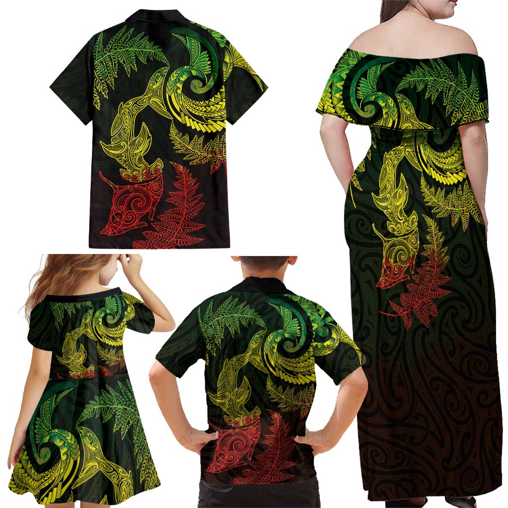 New Zealand Sea Animals with Maori Tribal Tattoo Family Matching Off Shoulder Maxi Dress and Hawaiian Shirt Shark Manta Ray with Silver Fern Reggae LT03 - Polynesian Pride