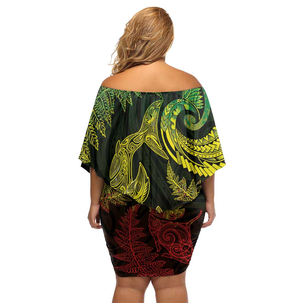 New Zealand Sea Animals with Maori Tribal Tattoo Family Matching Off Shoulder Short Dress and Hawaiian Shirt Shark Manta Ray with Silver Fern Reggae LT03 - Polynesian Pride
