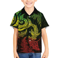 New Zealand Sea Animals with Maori Tribal Tattoo Family Matching Off Shoulder Short Dress and Hawaiian Shirt Shark Manta Ray with Silver Fern Reggae LT03 Son's Shirt Reggae - Polynesian Pride