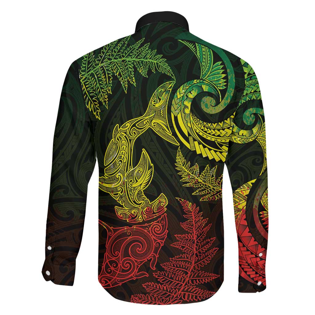 New Zealand Sea Animals with Maori Tribal Tattoo Family Matching Short Sleeve Bodycon Dress and Hawaiian Shirt Shark Manta Ray with Silver Fern Reggae LT03 - Polynesian Pride