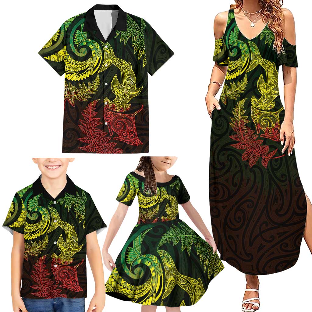 New Zealand Sea Animals with Maori Tribal Tattoo Family Matching Summer Maxi Dress and Hawaiian Shirt Shark Manta Ray with Silver Fern Reggae LT03 - Polynesian Pride