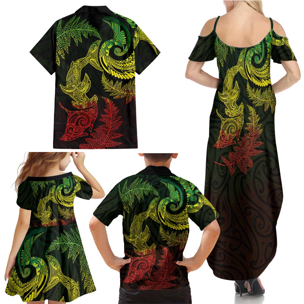New Zealand Sea Animals with Maori Tribal Tattoo Family Matching Summer Maxi Dress and Hawaiian Shirt Shark Manta Ray with Silver Fern Reggae LT03 - Polynesian Pride