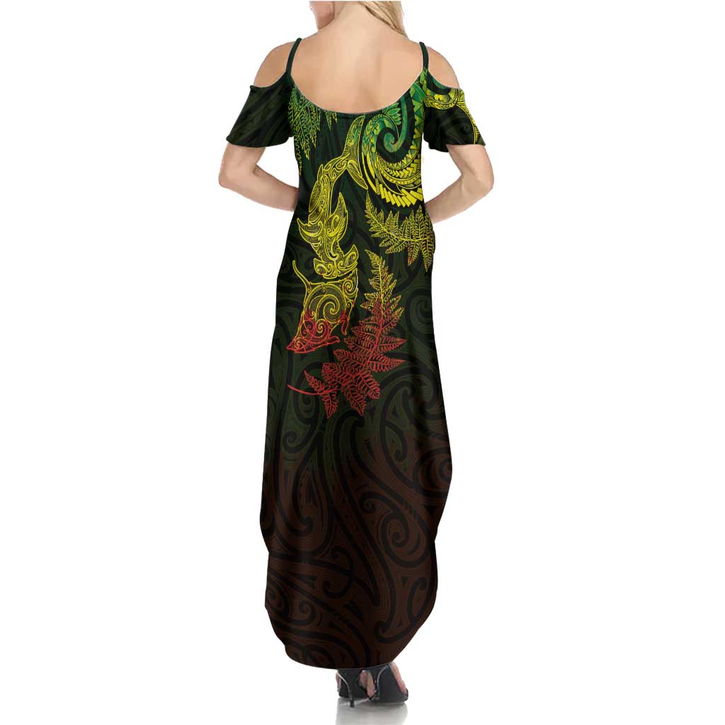 New Zealand Sea Animals with Maori Tribal Tattoo Family Matching Summer Maxi Dress and Hawaiian Shirt Shark Manta Ray with Silver Fern Reggae LT03 - Polynesian Pride