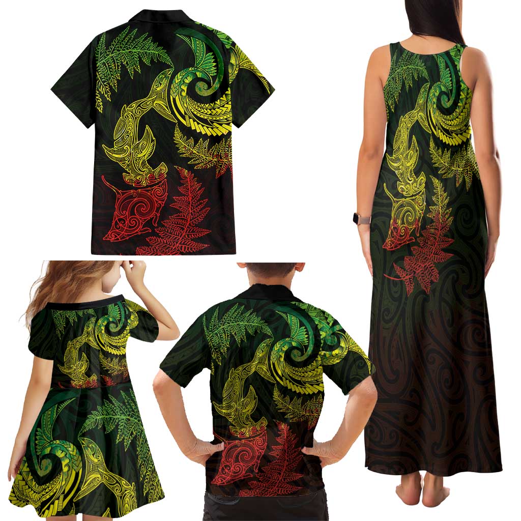 New Zealand Sea Animals with Maori Tribal Tattoo Family Matching Tank Maxi Dress and Hawaiian Shirt Shark Manta Ray with Silver Fern Reggae LT03 - Polynesian Pride