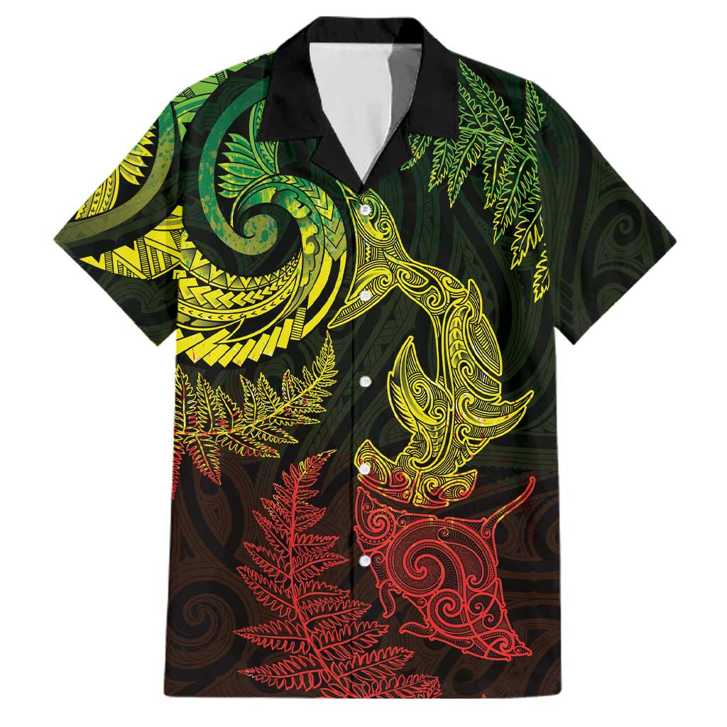 New Zealand Sea Animals with Maori Tribal Tattoo Family Matching Tank Maxi Dress and Hawaiian Shirt Shark Manta Ray with Silver Fern Reggae LT03 Dad's Shirt - Short Sleeve Reggae - Polynesian Pride