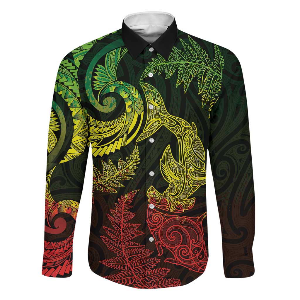New Zealand Sea Animals with Maori Tribal Tattoo Family Matching Tank Maxi Dress and Hawaiian Shirt Shark Manta Ray with Silver Fern Reggae LT03 Dad's Shirt - Long Sleeve Reggae - Polynesian Pride