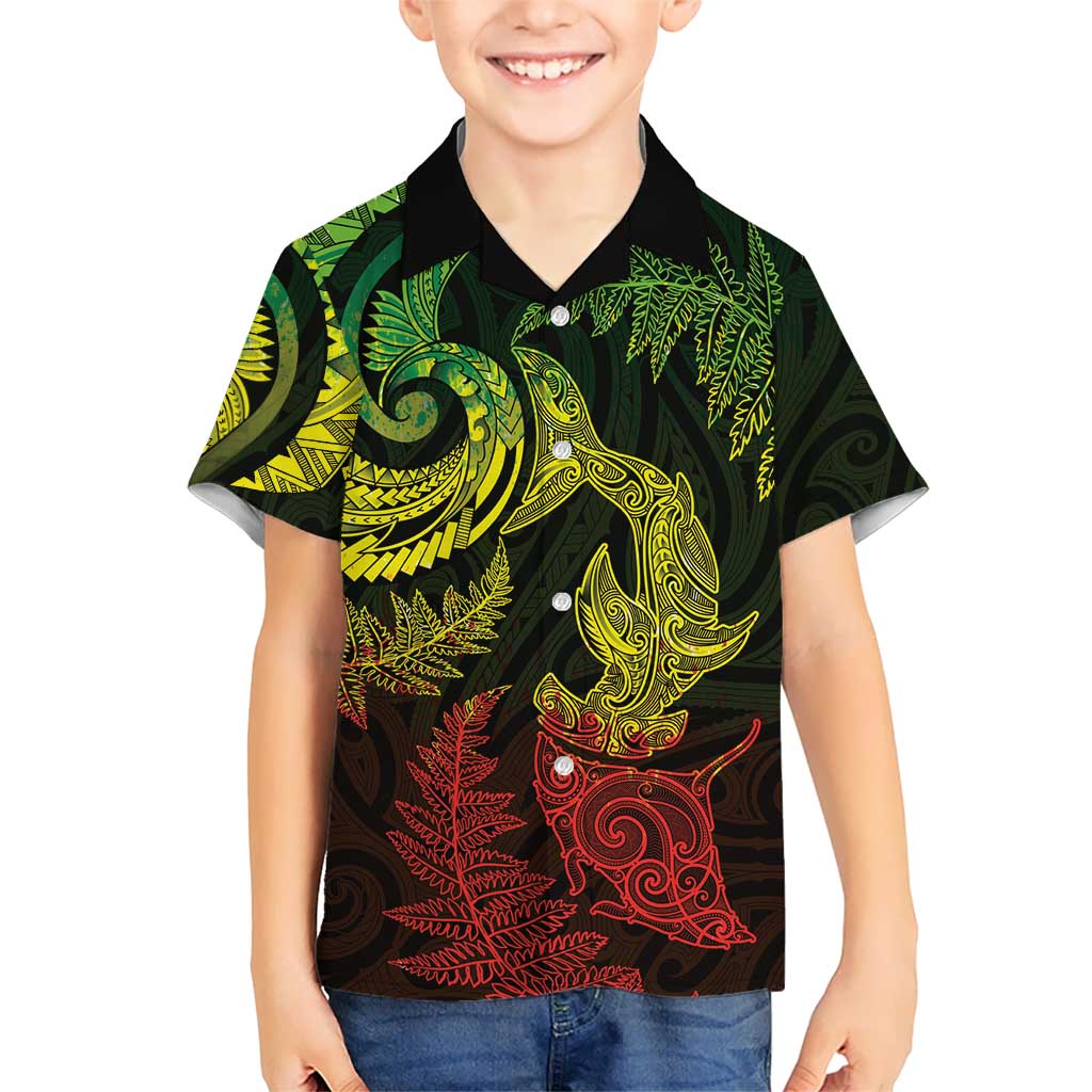New Zealand Sea Animals with Maori Tribal Tattoo Family Matching Tank Maxi Dress and Hawaiian Shirt Shark Manta Ray with Silver Fern Reggae LT03 Son's Shirt Reggae - Polynesian Pride