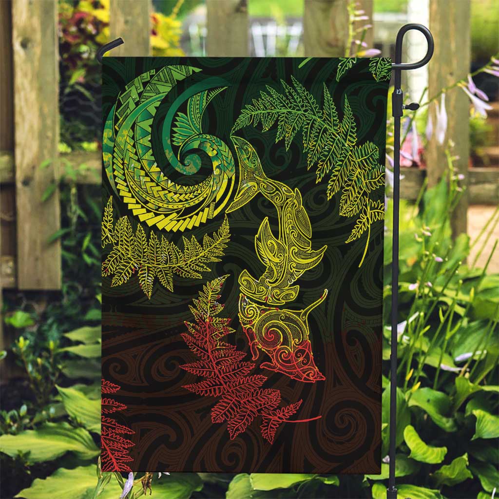 New Zealand Sea Animals with Maori Tribal Tattoo Garden Flag Shark Manta Ray with Silver Fern Reggae LT03 Garden Flag Reggae - Polynesian Pride