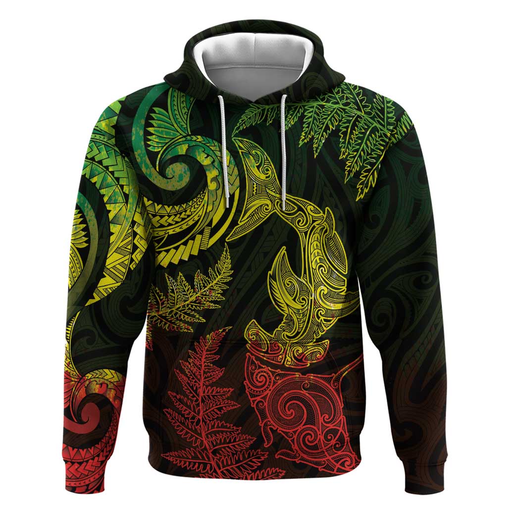 New Zealand Sea Animals with Maori Tribal Tattoo Hoodie Shark Manta Ray with Silver Fern Reggae LT03 Pullover Hoodie Reggae - Polynesian Pride