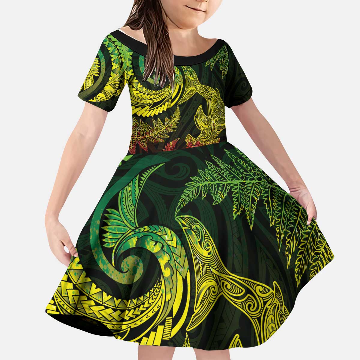 New Zealand Sea Animals with Maori Tribal Tattoo Kid Short Sleeve Dress Shark Manta Ray with Silver Fern Reggae LT03 KID Reggae - Polynesian Pride