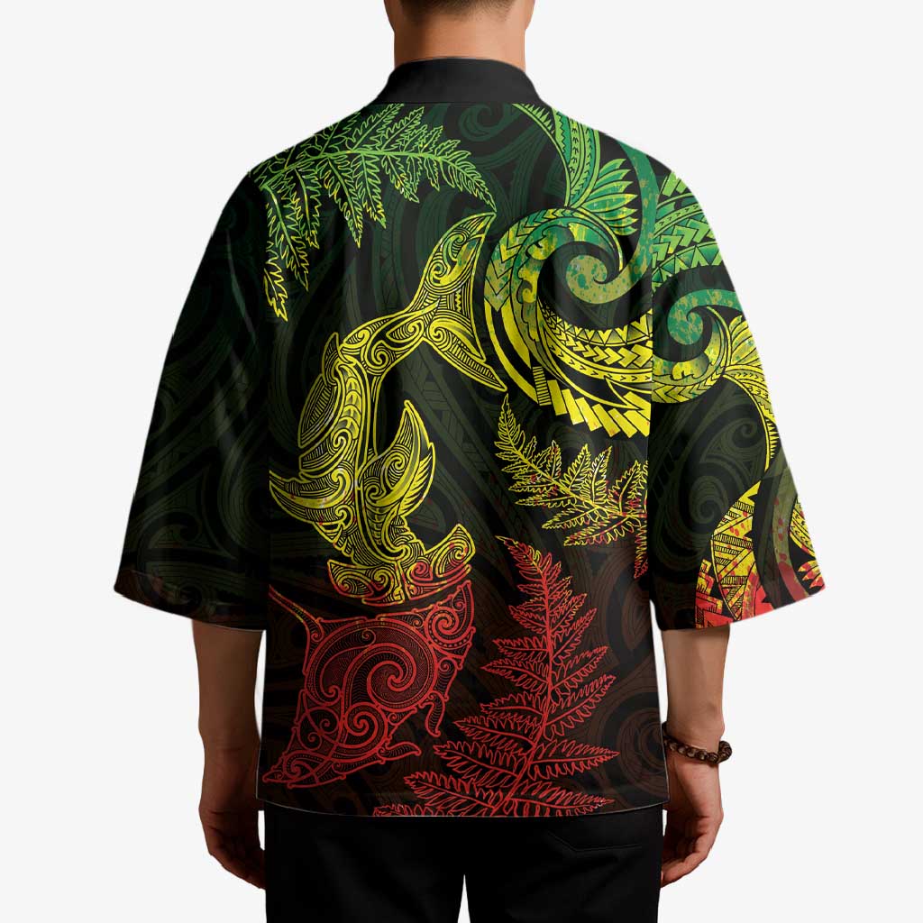 New Zealand Sea Animals with Maori Tribal Tattoo Kimono Shark Manta Ray with Silver Fern Reggae LT03 - Polynesian Pride