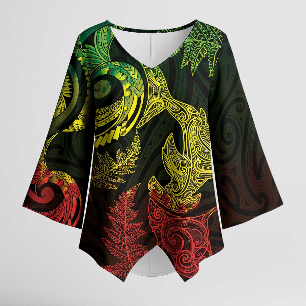 New Zealand Sea Animals with Maori Tribal Tattoo Kimono Sleeve Blouse Shark Manta Ray with Silver Fern Reggae LT03 Female Reggae - Polynesian Pride