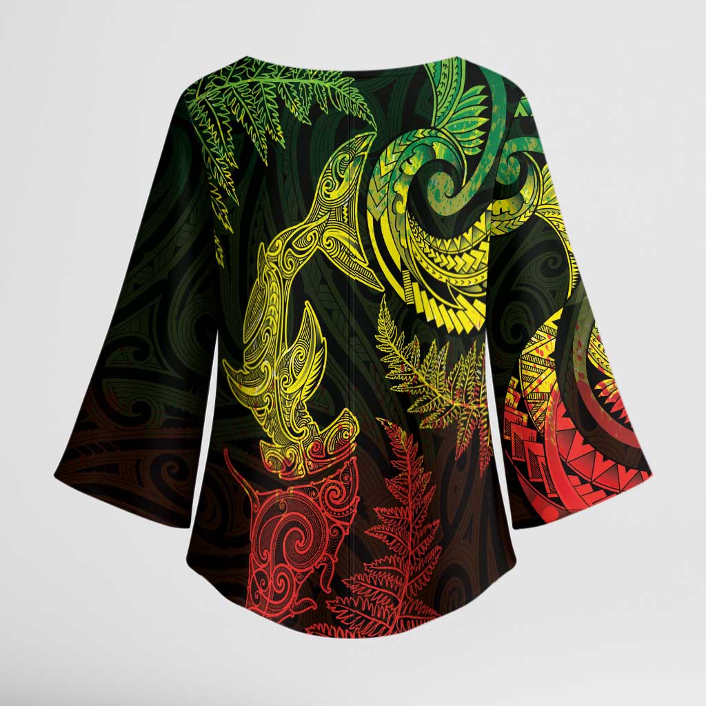New Zealand Sea Animals with Maori Tribal Tattoo Kimono Sleeve Blouse Shark Manta Ray with Silver Fern Reggae LT03 - Polynesian Pride