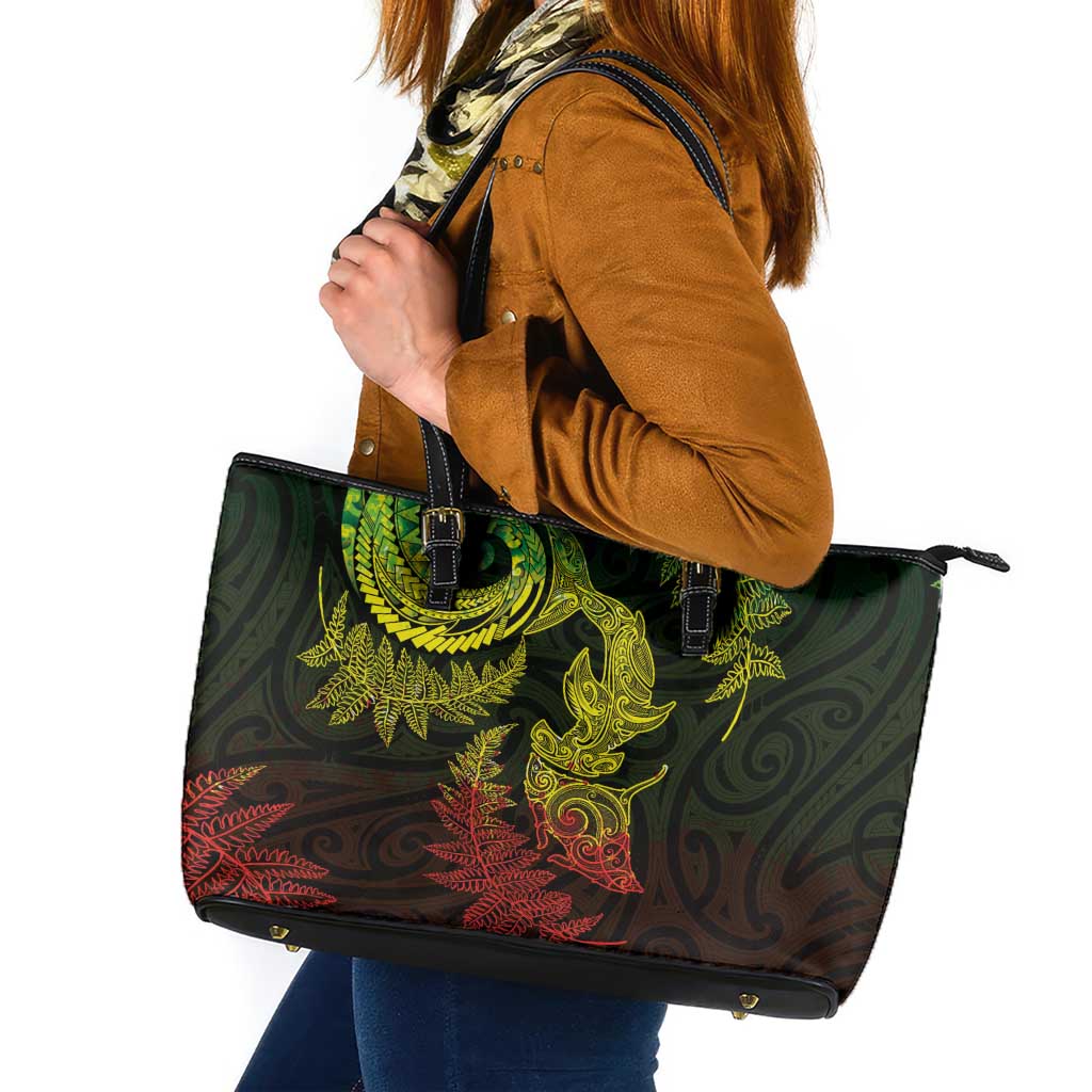 New Zealand Sea Animals with Maori Tribal Tattoo Leather Tote Bag Shark Manta Ray with Silver Fern Reggae LT03 Reggae - Polynesian Pride