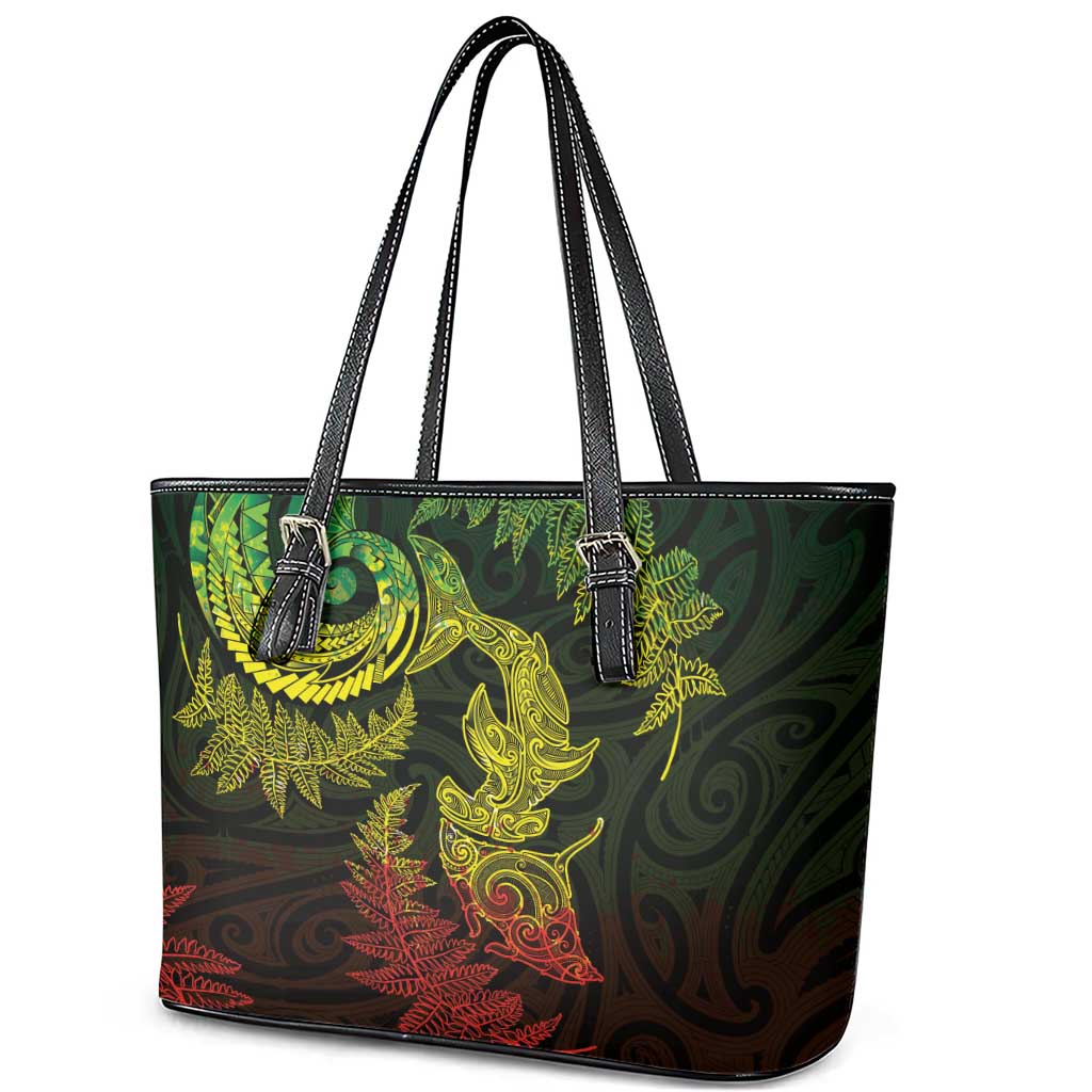 New Zealand Sea Animals with Maori Tribal Tattoo Leather Tote Bag Shark Manta Ray with Silver Fern Reggae LT03 - Polynesian Pride