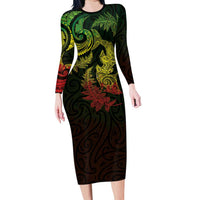 New Zealand Sea Animals with Maori Tribal Tattoo Long Sleeve Bodycon Dress Shark Manta Ray with Silver Fern Reggae LT03 Long Dress Reggae - Polynesian Pride