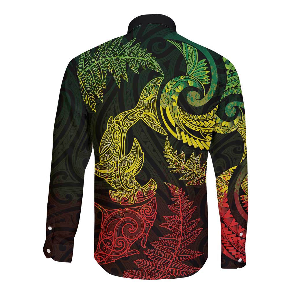 New Zealand Sea Animals with Maori Tribal Tattoo Long Sleeve Button Shirt Shark Manta Ray with Silver Fern Reggae LT03 - Polynesian Pride