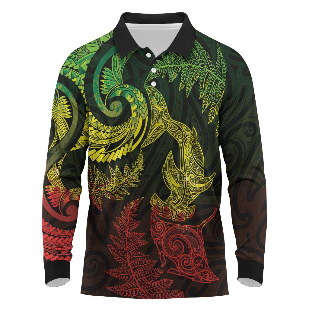 New Zealand Sea Animals with Maori Tribal Tattoo Long Sleeve Polo Shirt Shark Manta Ray with Silver Fern Reggae