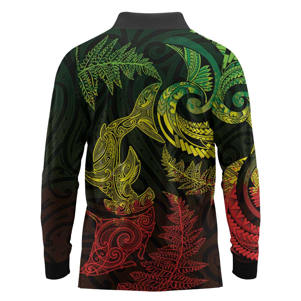 New Zealand Sea Animals with Maori Tribal Tattoo Long Sleeve Polo Shirt Shark Manta Ray with Silver Fern Reggae LT03 - Polynesian Pride