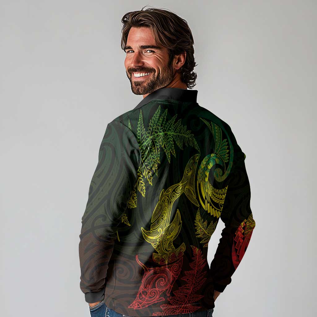 New Zealand Sea Animals with Maori Tribal Tattoo Long Sleeve Polo Shirt Shark Manta Ray with Silver Fern Reggae LT03 - Polynesian Pride