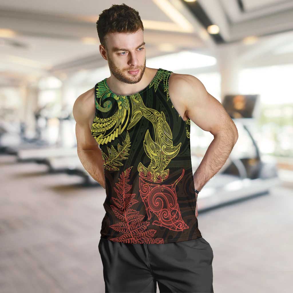New Zealand Sea Animals with Maori Tribal Tattoo Men Tank Top Shark Manta Ray with Silver Fern Reggae LT03 Reggae - Polynesian Pride