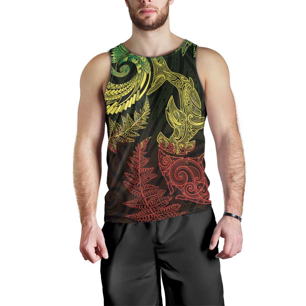 New Zealand Sea Animals with Maori Tribal Tattoo Men Tank Top Shark Manta Ray with Silver Fern Reggae LT03 - Polynesian Pride