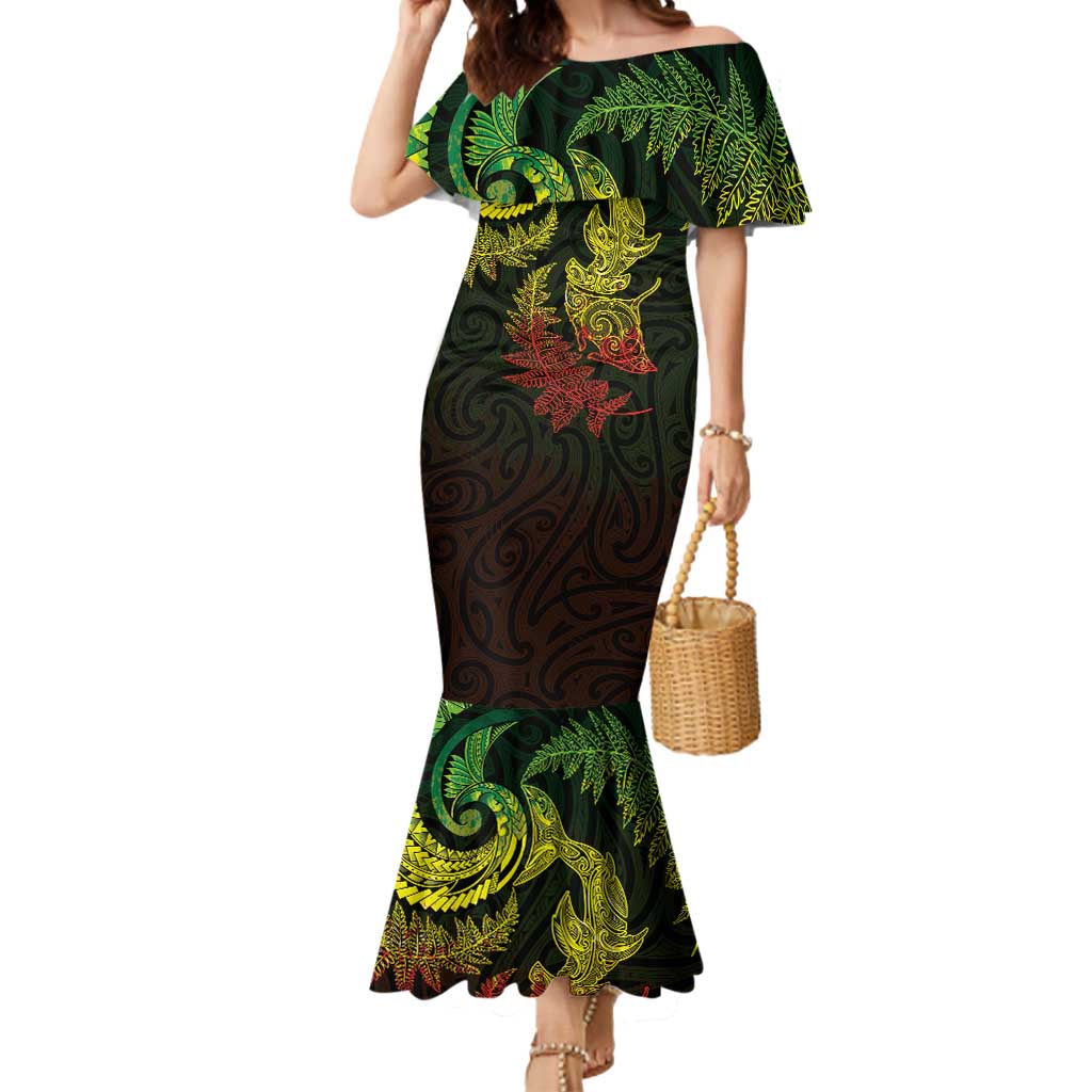 New Zealand Sea Animals with Maori Tribal Tattoo Mermaid Dress Shark Manta Ray with Silver Fern Reggae LT03 Women Reggae - Polynesian Pride