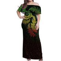 New Zealand Sea Animals with Maori Tribal Tattoo Off Shoulder Maxi Dress Shark Manta Ray with Silver Fern Reggae LT03 Women Reggae - Polynesian Pride