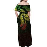 New Zealand Sea Animals with Maori Tribal Tattoo Off Shoulder Maxi Dress Shark Manta Ray with Silver Fern Reggae LT03 - Polynesian Pride