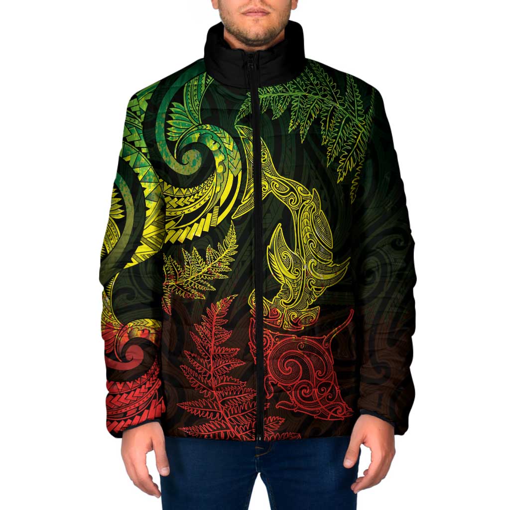 New Zealand Sea Animals with Maori Tribal Tattoo Padded Jacket Shark Manta Ray with Silver Fern Reggae LT03 Men Reggae - Polynesian Pride