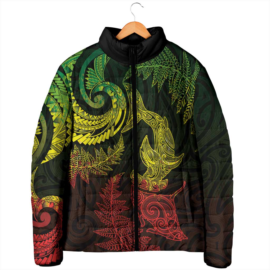 New Zealand Sea Animals with Maori Tribal Tattoo Padded Jacket Shark Manta Ray with Silver Fern Reggae LT03 - Polynesian Pride
