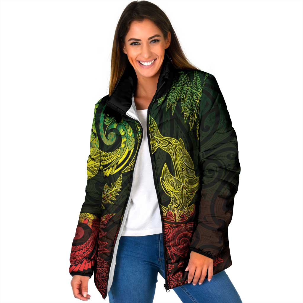 New Zealand Sea Animals with Maori Tribal Tattoo Padded Jacket Shark Manta Ray with Silver Fern Reggae LT03 Women Reggae - Polynesian Pride
