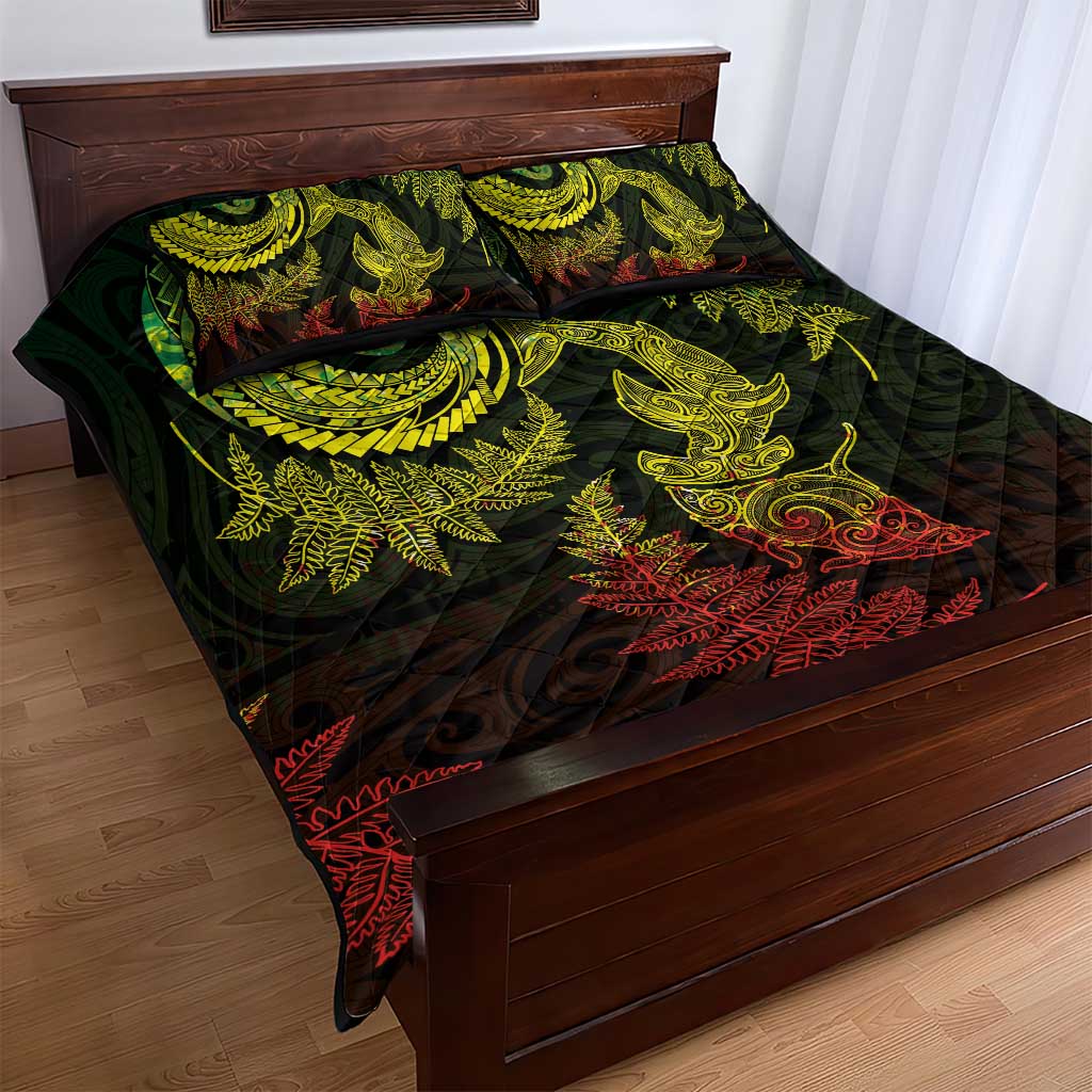 New Zealand Sea Animals with Maori Tribal Tattoo Quilt Bed Set Shark Manta Ray with Silver Fern Reggae LT03 - Polynesian Pride