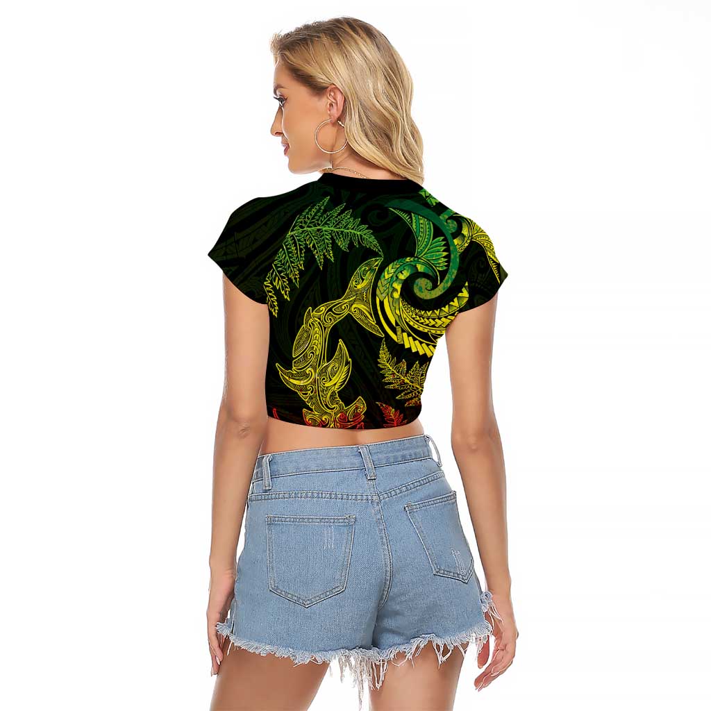 New Zealand Sea Animals with Maori Tribal Tattoo Raglan Cropped T Shirt Shark Manta Ray with Silver Fern Reggae LT03 - Polynesian Pride