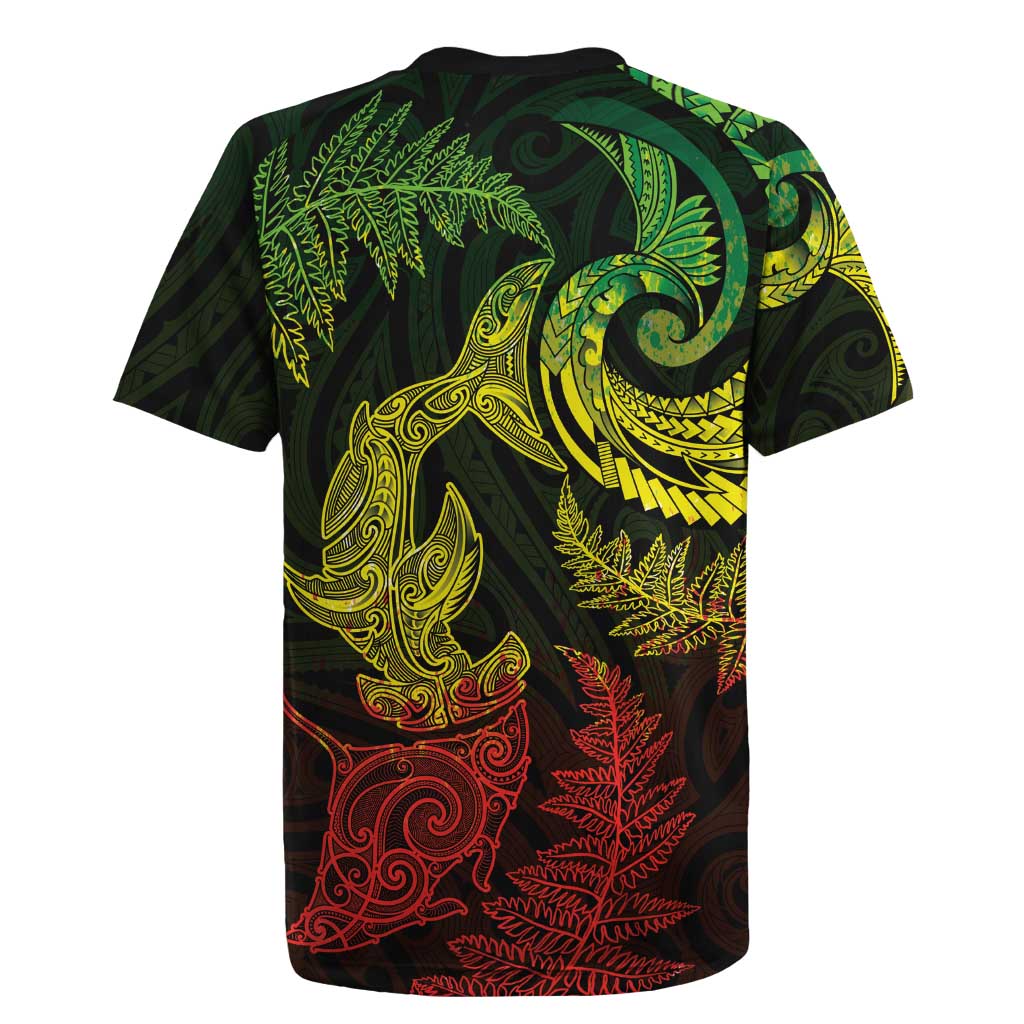 New Zealand Sea Animals with Maori Tribal Tattoo Rugby Jersey Shark Manta Ray with Silver Fern Reggae LT03 - Polynesian Pride