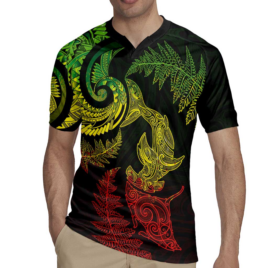 New Zealand Sea Animals with Maori Tribal Tattoo Rugby Jersey Shark Manta Ray with Silver Fern Reggae LT03 - Polynesian Pride