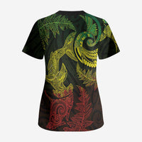 New Zealand Sea Animals with Maori Tribal Tattoo Scrub Top Shark Manta Ray with Silver Fern Reggae LT03 - Polynesian Pride