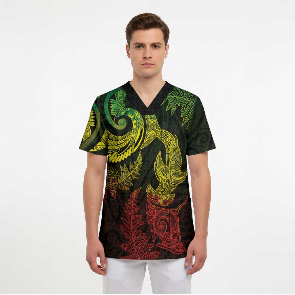 New Zealand Sea Animals with Maori Tribal Tattoo Scrub Top Shark Manta Ray with Silver Fern Reggae LT03 - Polynesian Pride