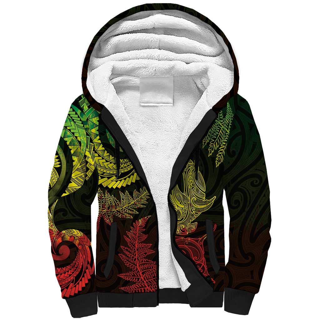 New Zealand Sea Animals with Maori Tribal Tattoo Sherpa Hoodie Shark Manta Ray with Silver Fern Reggae LT03 Unisex Reggae - Polynesian Pride
